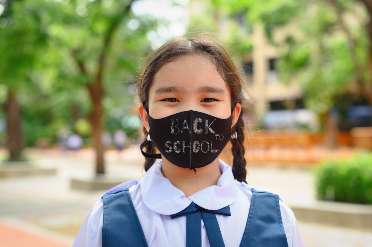 Back To School. Asian Child Girl Wearing Face Mask With Backpack Going To School .covid 19 Coronavirus Pandemic.new Normal Lifestyle.education Concept.